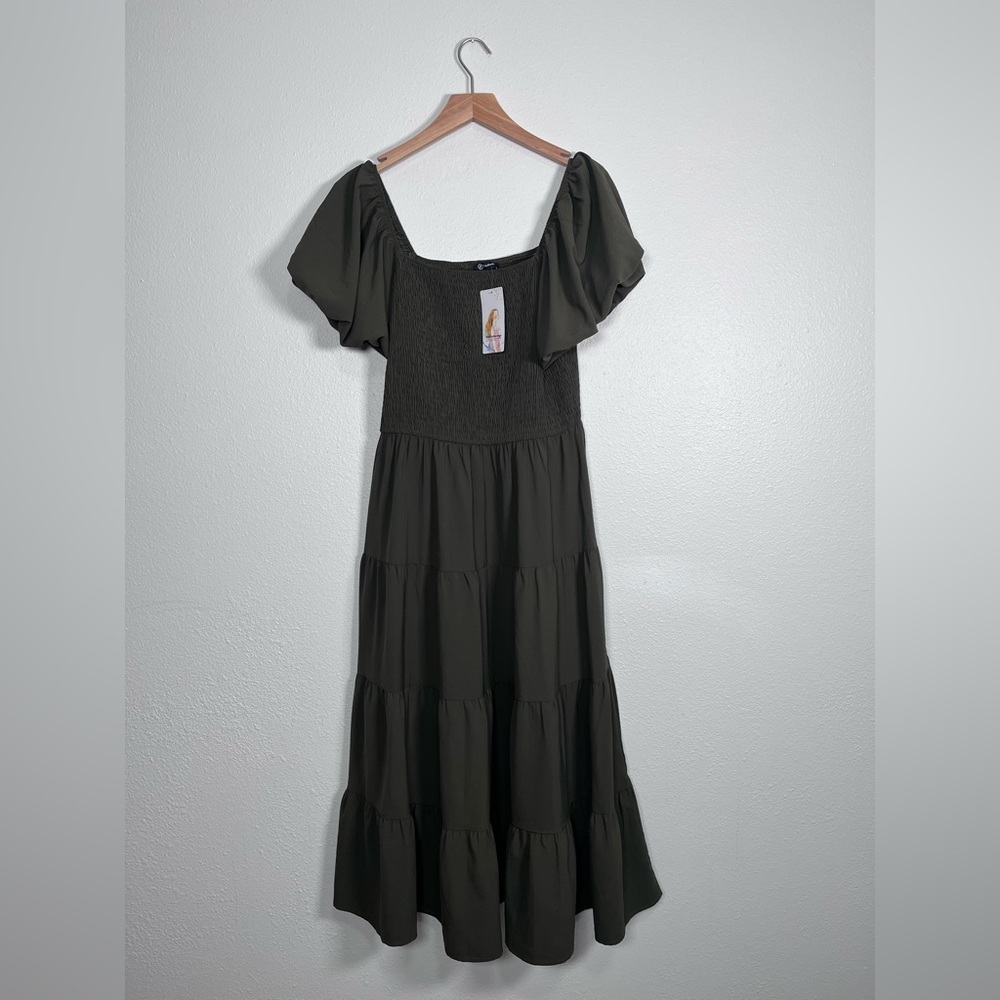 Pretty Garden Olive Green Puff-Sleeve Tiered Maxi Dress Size Large